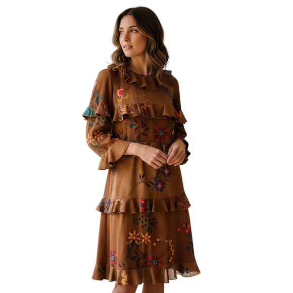 FENDI BROWN MULTI FLORAL PRINTED RUFFLED SILK DRESS - Picture 6 of 6